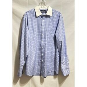 Hart Schaffner‎ Marx Mens Dress Shirt Blue Plaid 17/35 Pima Cotton Non Iron